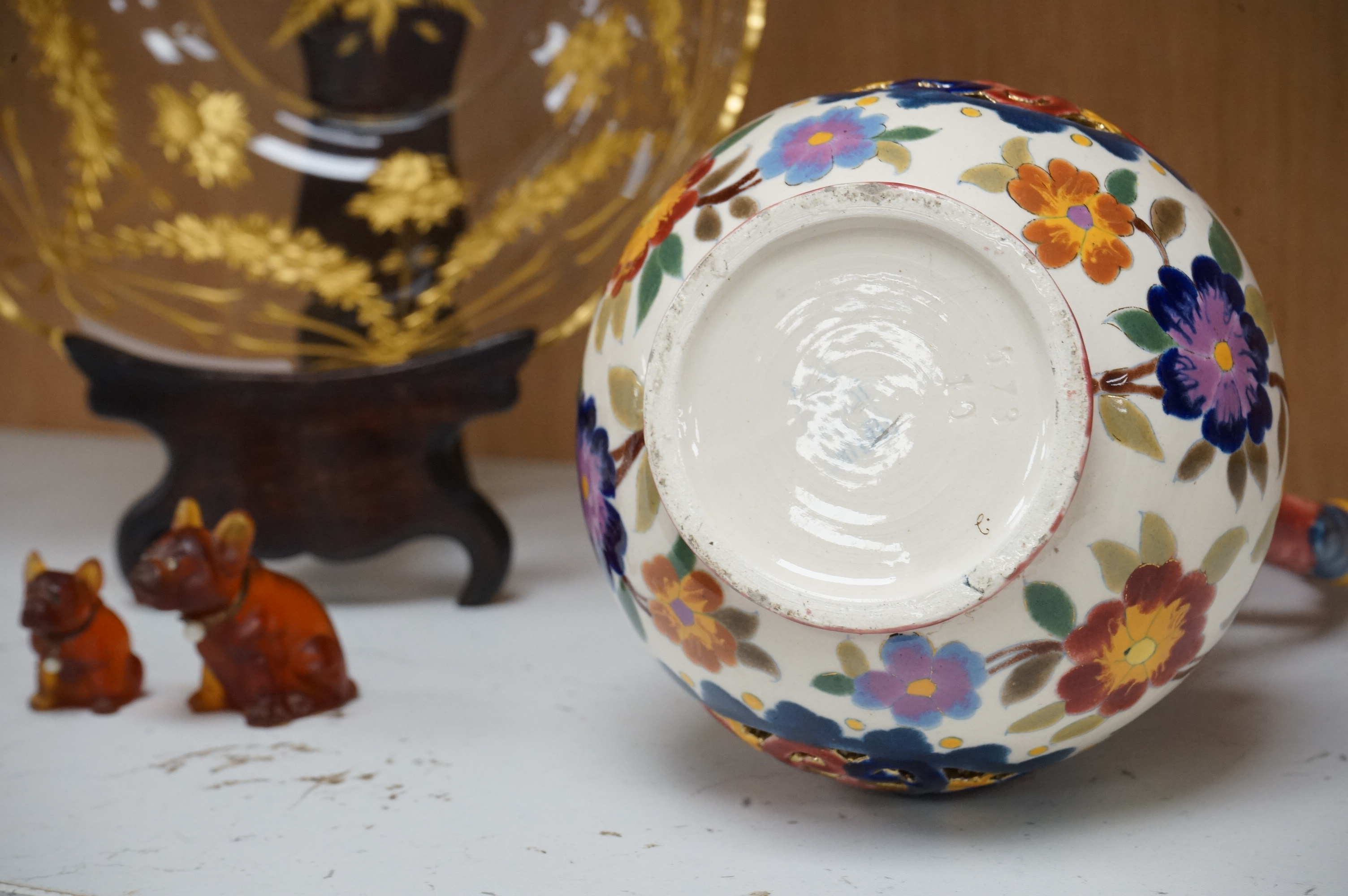 A Bohemian gilded glass bowl on stand in Zsolnay type cover and two French miniature glass dogs with pearl decorated collars, jug 25cm high